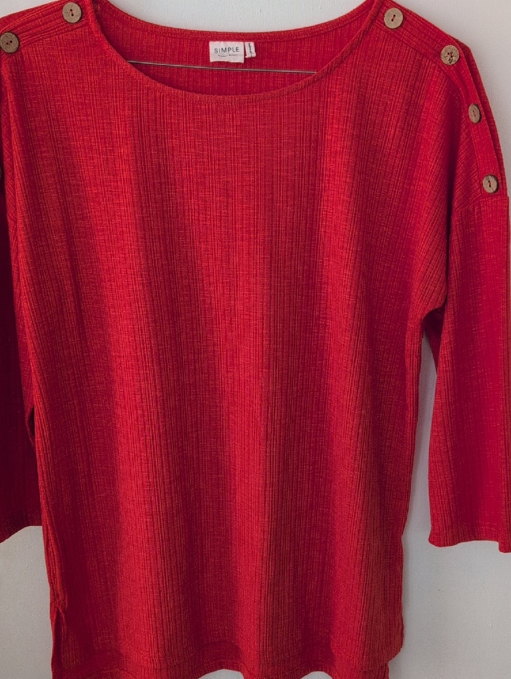 Simple Red Ribbed Button-Shoulder Top